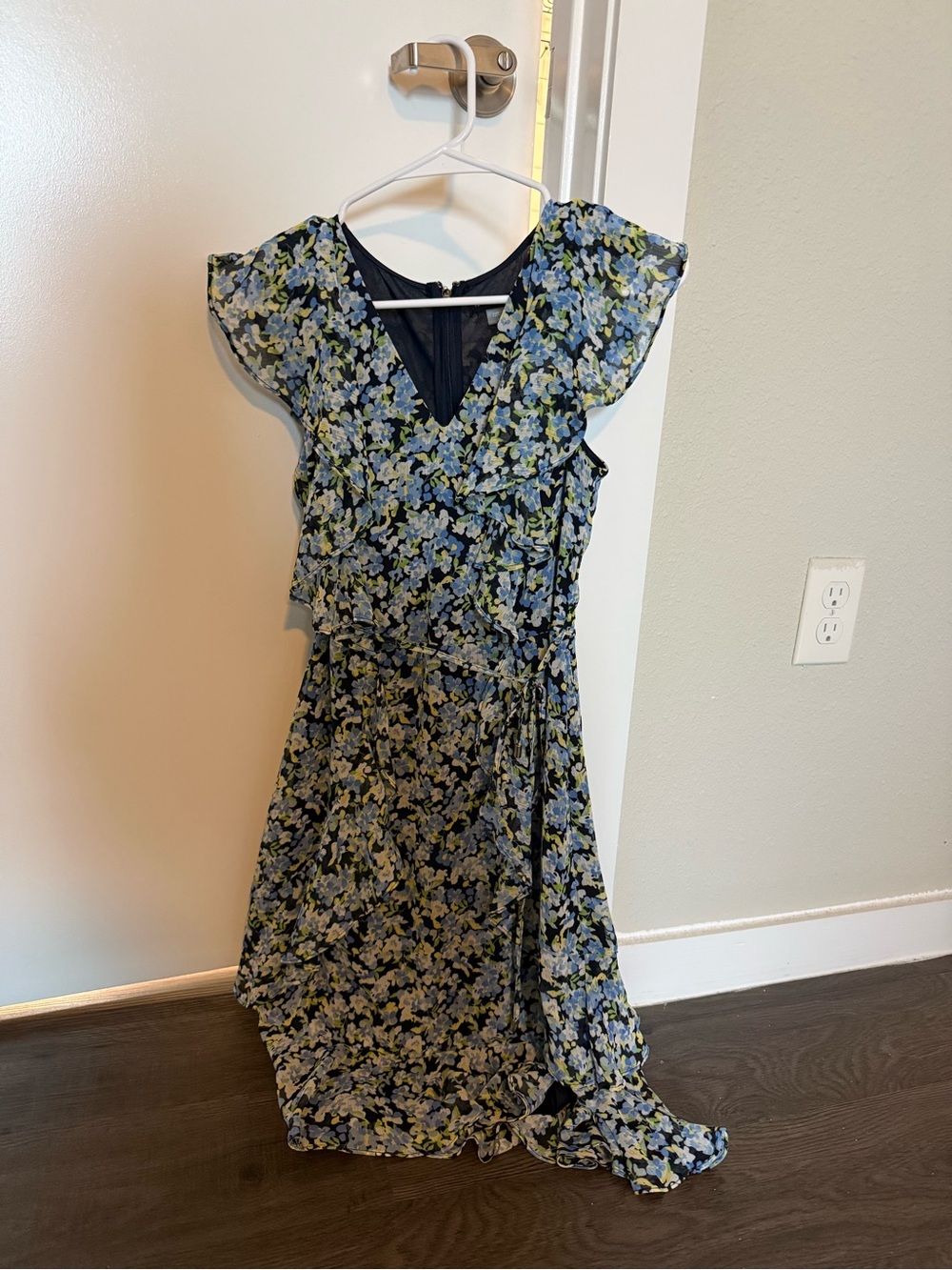 Tommy Hilfiger Floral Ruffle Wrap Dress in Navy, Light Blue & Green